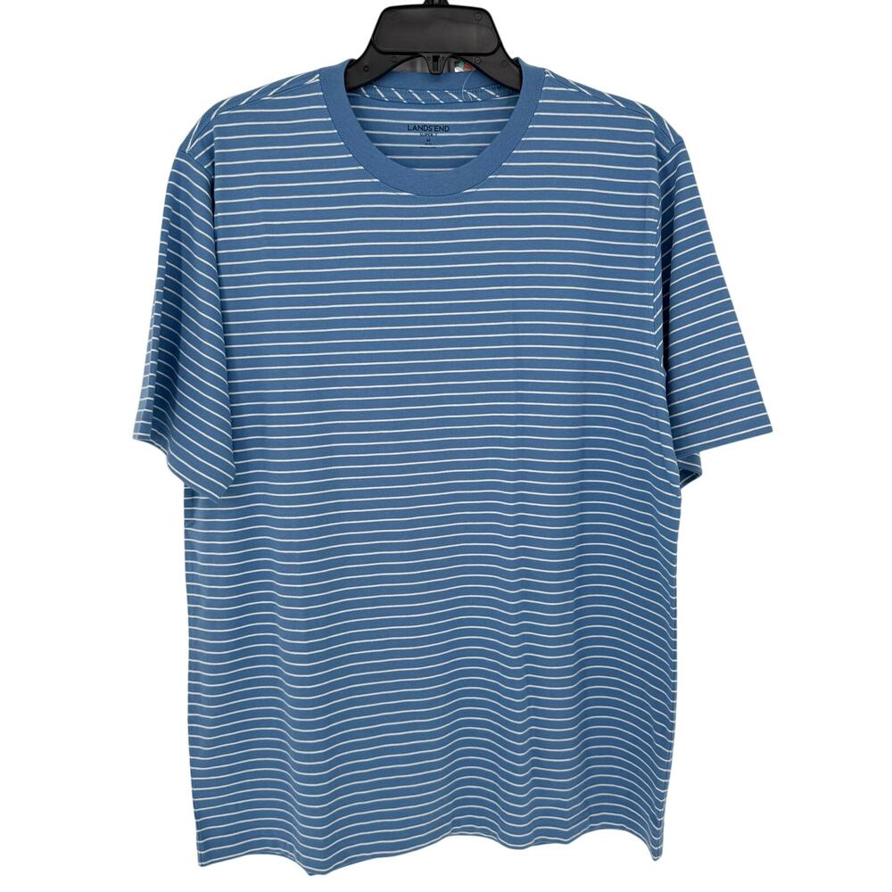 Land's End Casual Crew Neck Super T-Shirt Men's Size M Green White Stripe